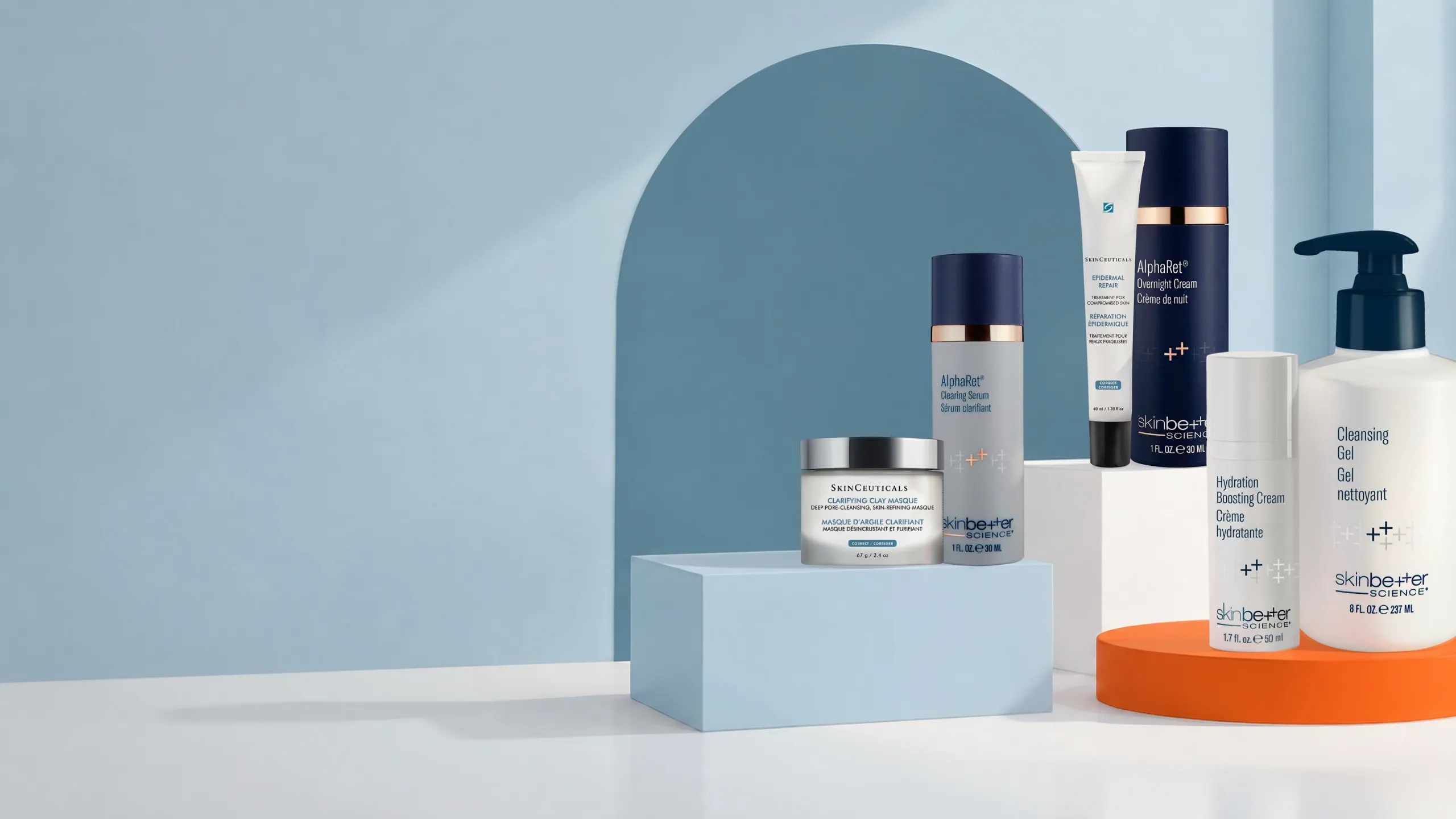 Editorial Atelier Med composition: serums, creams, mask and cleanser on a ciel arch and soleil podium, shot in studio. Precision skincare house founded in Québec, its curation distributed in the Le Centre MD clinics.