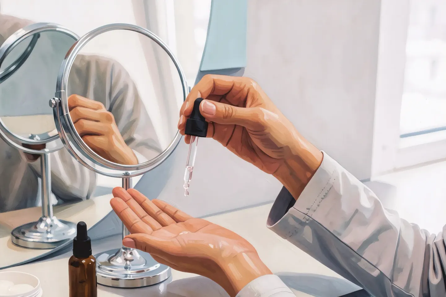 Facial skincare routine: applying a cosmeceutical serum at a mirrored vanity, with the Atelier Med selection, in Québec.